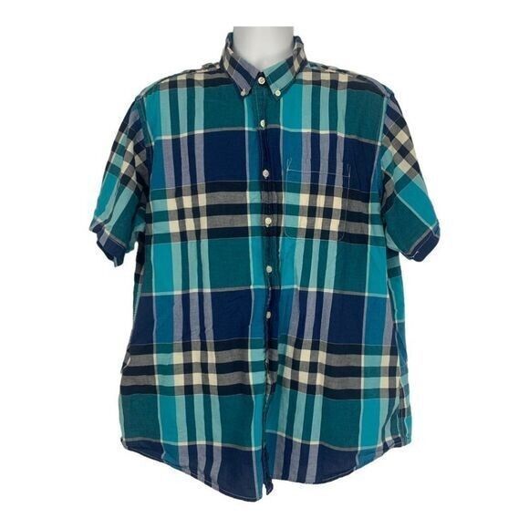 Old Navy Mens XXL Plaid Button-Down Short Sleeve Shirt Blue/Green 100% C... - $18.50