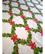 Festive Vintage Christmas Holly Berry &amp; Red Bow Design Bright Cotton Tab... - £21.89 GBP
