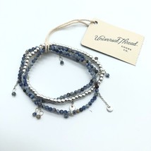 Universal Thread Bracelet Genuine Stone Beaded Blue Stretch Dangle Silver Tone - £3.98 GBP