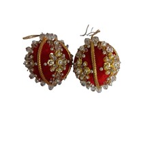 Christmas Ornaments VIctorian Push Pin Red Velvet Pearls Beads VTG Set Of 2 - £17.98 GBP