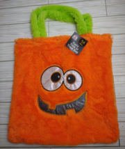 Halloween Pumpkin Trick Or Treat Bag Emoji Face Furry Candy Sack Jack O&#39; Lantern - £8.11 GBP