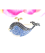 Rhinestone BLUE WHALE PIN Vintage Brooch Waterspout Black Stones Goldton... - $21.77