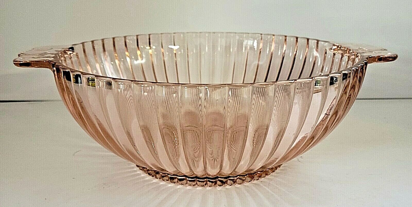 ANCHOR HOCKING PINK DEPRESSION GLASS RIBBED 8&quot; SERVING BOWL WITH HANDLES - $29.00