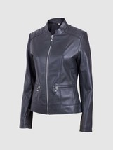 New Women Leather Biker Jacket Black Color Band Collar Zipper Closure - $199.99
