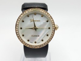 Geneva Platinum Watch Women New Battery MOP Dial Black Band 32mm - $15.00