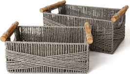 La Jolie Muse Recycled Paper Rope Basket With Wood Handles,, Set Of 2. - £41.39 GBP