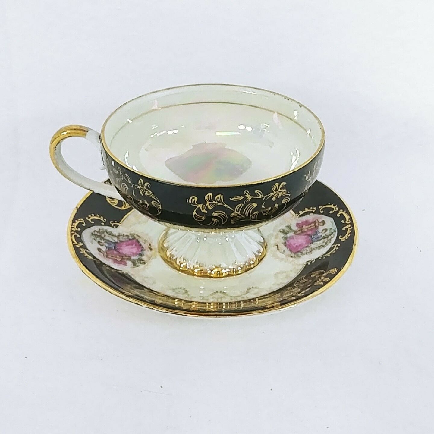 Royal Crown Footed Teacup Saucer Victorian Courting Couple Vintage #2852 - $45.10