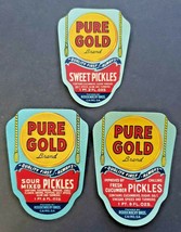 Vintage 1930&#39;s Pure Gold Sweet Pickle,Cucumber,Sour Mix Pickle Labels Lot of 3 - £10.38 GBP