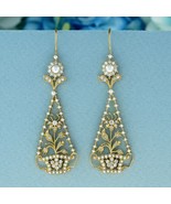 Natural Pearl and Diamond Vintage Style Floral Dangle Earrings in Solid ... - £1,277.37 GBP