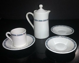 5 Pc Vtg Mayer Restaurant Ware Demitasse Cup, 3 Saucers &amp; 6&quot; Hot Water Cocoa Pot - £11.86 GBP