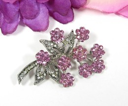 Pink / Purple Rhinestone Flower Bouquet Brooch Vintage Pin Clear Silvertone 2&quot; - $21.77