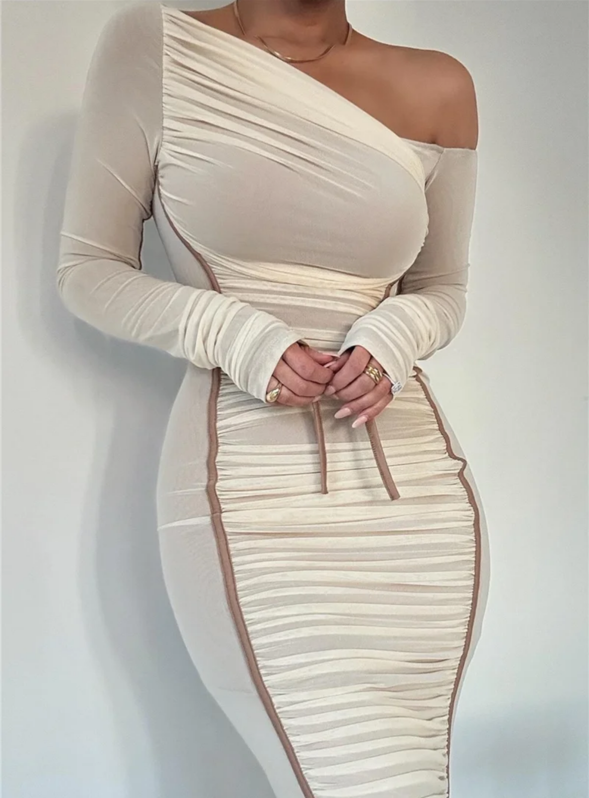 Diagonal Collar Long Sleeve Two Layer Mesh Backless Ruched Bodycon Dress