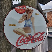 Vintage 1941 Coca-Cola Delicious &amp; Refreshing Drink Porcelain Gas And Oil Sign - £98.77 GBP