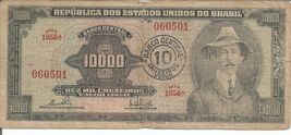 Brazil 10 Cruzeiros Novos 1967 Overprint on 10000 Cruzeiros Cir. Banknot... - $14.84