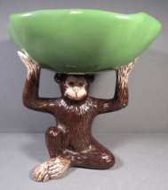 Brown Monkey Figurine Holding Green Wavy Bowl 6.5&quot; x 6&quot; Ceramic Vigor - £15.74 GBP