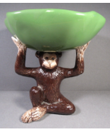 Brown Monkey Figurine Holding Green Wavy Bowl 6.5&quot; x 6&quot; Ceramic Vigor - £15.45 GBP