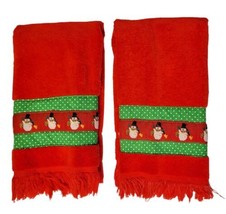 Set of 2  Christmas Red Fingertip Towels w/ Snowman Ribbon Green White Polka Dot - £7.95 GBP