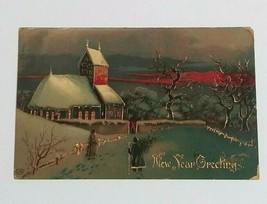 New Year Greetings Glossy Gel Embossed Winter Church Scene Germany Postc... - $7.99