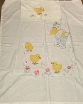 VTG 2 Pc Baby Crib Nursery Pillowcase Sheet Stork Chicks Embroidery White Cotton - £15.56 GBP