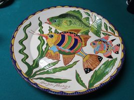 Signed Anibal Rosado Earthenware FISHES Plate 18&quot; ORIGINAL SIGNED - £116.44 GBP