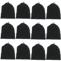 12 Unisex Plain Beanie Knit Ski Cap Skull Hat Warm Solid Winter Cuff Black New ! - £59.79 GBP