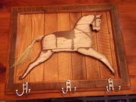 Rustic Primitive Wooden Framed Rocking Horse Sign With Hooks - £35.35 GBP
