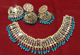 Mirror Jaipuri Blue Gold Plated Necklace Jhumka Earrings Tika Jewelry Set - $42.60