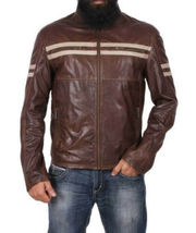 Men&#39;s Leather Jacket Genuine Lambskin Brown Leather Stripes Biker Men Jacket - £136.64 GBP