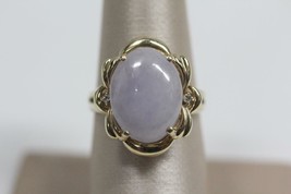 14K Yellow Gold Oval Pale Lavender Jade Cabochon Diamond Accent Ring 7.5 -5.2gr - $350.28