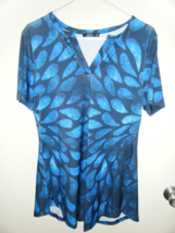 Nwt Lily By Firmiana Med Short Sleeve Blue Black Raindrops Stretch Tunic 8268 - £14.07 GBP