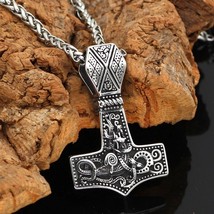 Mjolnir Viking Necklace Silver Stainless Steel Norse Thors Hammer Pendant Chain - £22.36 GBP