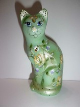 Fenton Glass Jadeite Green Bees &amp; Blossoms Stylized Cat Figurine Ltd Ed #4/39 - £177.95 GBP
