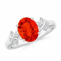 ANGARA Fire Opal Solitaire Criss Cross Ring with Diamond in Silver (Size-9x7mm) - £347.65 GBP+