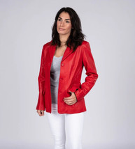 New Red Handmade Designer Leather Party Blazer  Women Formal Lambskin Stylish - £94.90 GBP