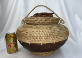 Indonesian Woven Basket Carved Wood LIZARD on Lid Handmade 9” Tall Large - $79.19