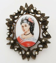 Lovely vintage antiqued gold tone cameo brooch with faux pearl accents - $19.99