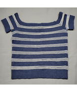 American Eagle Women Shirt Size L Blue Bodycon Crop Preppy Stripe Short Sleeves - $12.60