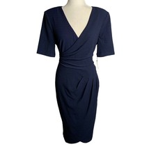 Adrianna Papell Rio Knit Sheath Dress 10 Blue V Neck Draped Lined Short Sleeve - £56.02 GBP
