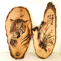 Wood Burnt Pyrography Picture Tiger Art 2 Plaques Signed Vietnam Art 17in - $38.32