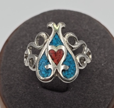 Silver Tone Inlayed Turquoise &amp; Red Coral Chip Heart Scroll Ring - Size 7 - $24.18