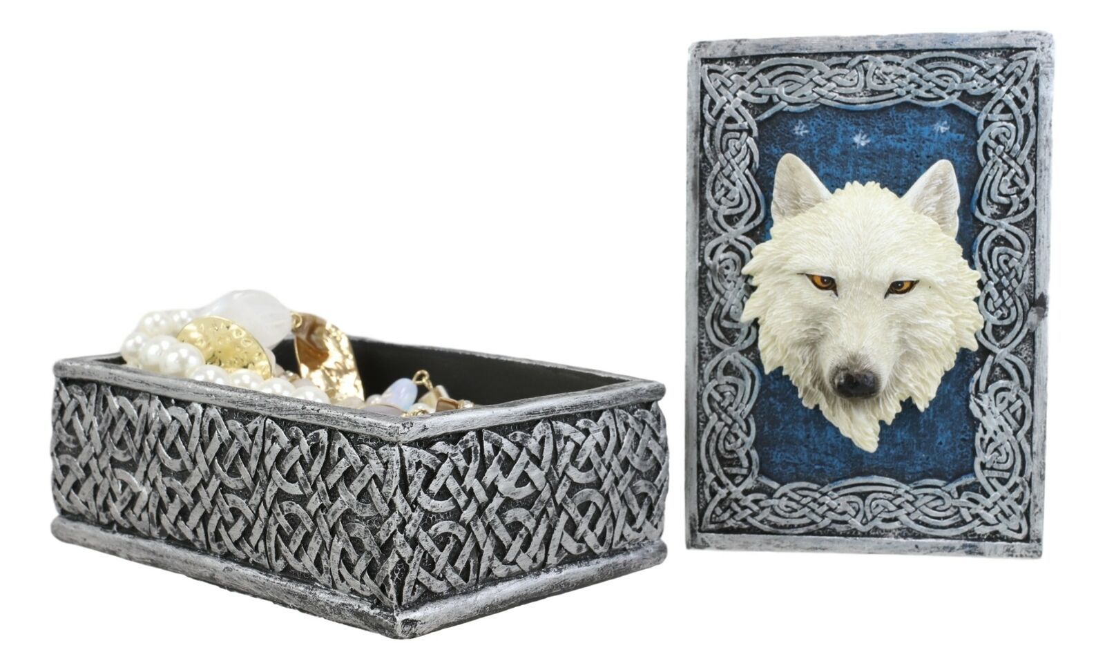 Celtic Knots Blue Starry Night White Wolf Decorative Jewelry Stash Box F... - $21.99