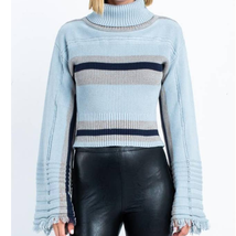 Skylar + Madison Turtleneck Sweater Blue Size S Fringe Bell Sleeves Stri... - $29.74