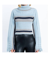 Skylar + Madison Turtleneck Sweater Blue Size S Fringe Bell Sleeves Stri... - £23.33 GBP