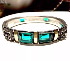 FRENCH Art Deco Nouveau Emerald Paste silver 14k gold Bangle BRACELET - $1,168.50