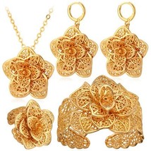 U7 Dubai Flower Jewelry Sets Gold Necklace Cuff Bracelet Drop Earrings & Ring Br - £26.50 GBP