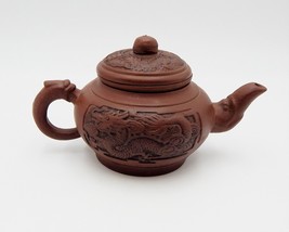 Chinese Yixing Dragon Carved Clay Teapot With Tea Strainer 7 Inch Signed - £39.50 GBP