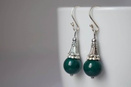 Green jade teardrop earrings with sterling silver hooks, Vintage dangle and drop - £28.25 GBP