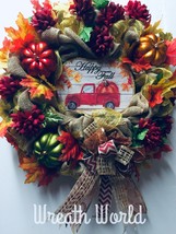 NEW HANDMADE FLORAL RED TRUCK HAPPY FALL WREATH WITH PUMPKINS - £60.76 GBP