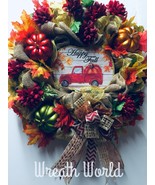 NEW HANDMADE FLORAL RED TRUCK HAPPY FALL WREATH WITH PUMPKINS - £59.76 GBP