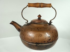 VTG Revere Ware Copper Squat Tea Pot Kettle w/ Wooden Handle &amp; Rounded Bottom - £38.03 GBP